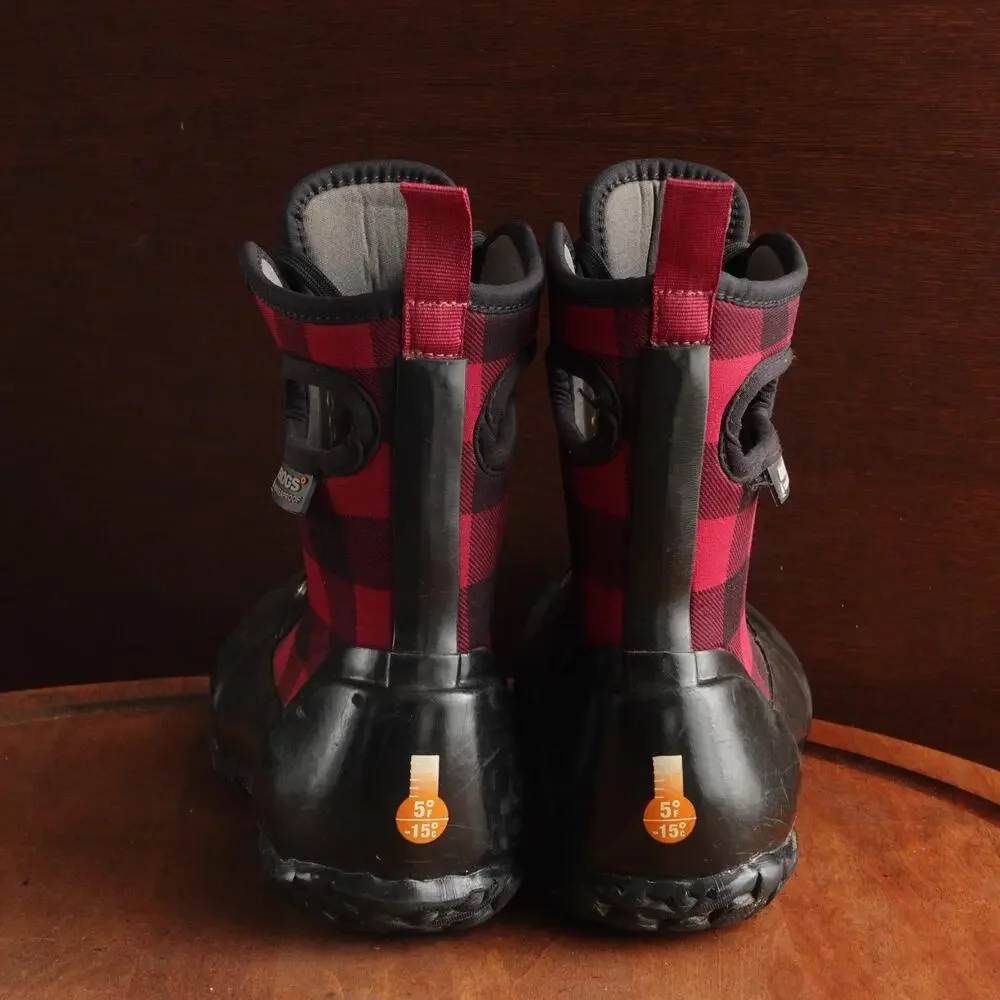 Bogs Boots Youth Size 4 BLK Red Sidney Lace Plaid‎ Rain Waterproof Chore Outdoor